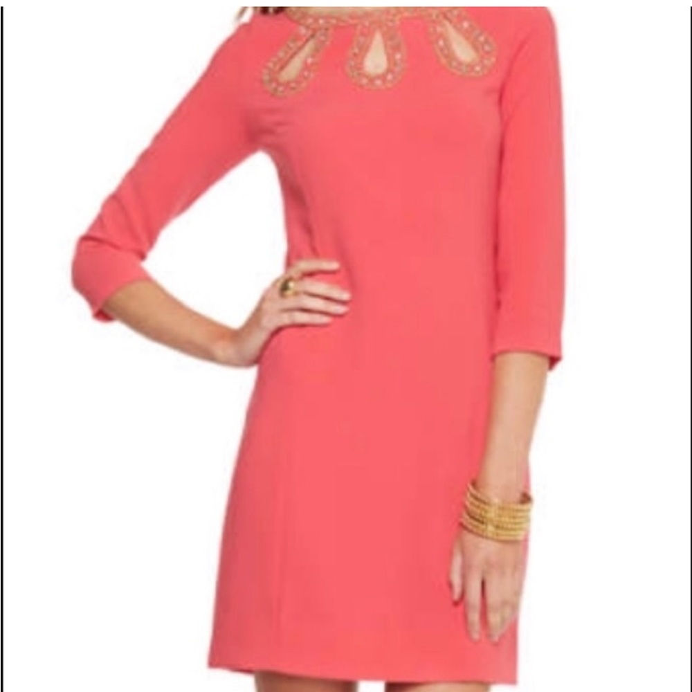 Lilly Pulitzer pink 3/4 sleeve dress with gold beading, size 6